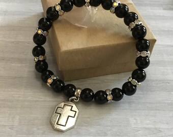 Black Onyx Stretch Bracelet with Cross