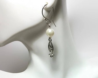 Fresh Water Pearls w/Ichthus on Sterling Silver Ear Wires, June Birthstone, Anniversary, For Her