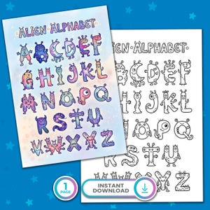 Peut inclure: Deux pages imprimables présentant un "Alphabet Alien". Une page affiche un alphabet coloré avec chaque lettre conçue comme un personnage extraterrestre unique. La seconde page propose une version en noir et blanc à colorier. Inclut le texte "Téléchargement instantané."