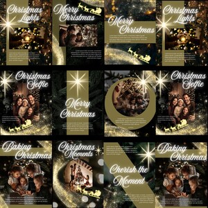 Può includere: Una raccolta di post sui social media a tema natalizio con sfondi oro e neri. I post presentano foto di famiglia, testo come "Christmas Lights", "Merry Christmas" e "Christmas Selfie", e illustrazioni festive.