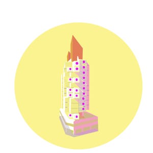 May include: A stylized illustration of a building with a yellow background. The building is primarily yellow and white, with pink and purple accents. The top of the building is a reddish-orange color.