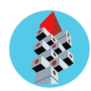 May include: An abstract illustration featuring a cluster of gray, cube-shaped forms with red circles, topped by a red triangular shape. The design is set against a light blue circular background.
