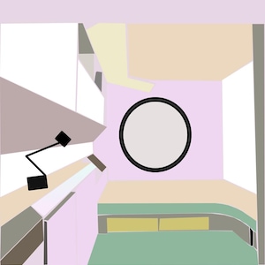 May include: An abstract illustration of a room interior. The image features a large circular mirror with a black frame, a desk, and a lamp. The color palette includes shades of pink, green, beige, and white, creating a minimalist aesthetic.