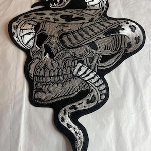 Skull and Serpent Iron-On Patch - Dark Gothic Silver Black Design
