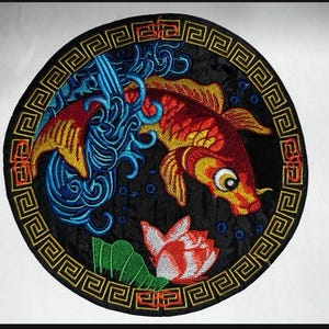 Large Circular Koi Fish Embroidered Patch, Japanese Style Asian Carp Sew-On Applique, Orange Koi Lotus Flower Badge for Jackets, Backpacks