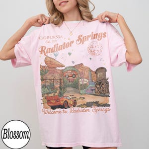 Pu&ograve; includere: T-shirt rosa chiaro con grafica di Radiator Springs, con un'auto da corsa rossa e un paesaggio desertico. Il testo include "CALIFORNIA Est. 2012" e "Welcome to Radiator Springs". La maglietta ha maniche corte e girocollo.