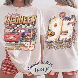 Retro Halloween Lightning McQueen Shirt, 2 Sided Checkered Disney Cars 95 Tee, Comfort Colors Think Fast Shirt, Vintage Disneyland Trip Tee image 1