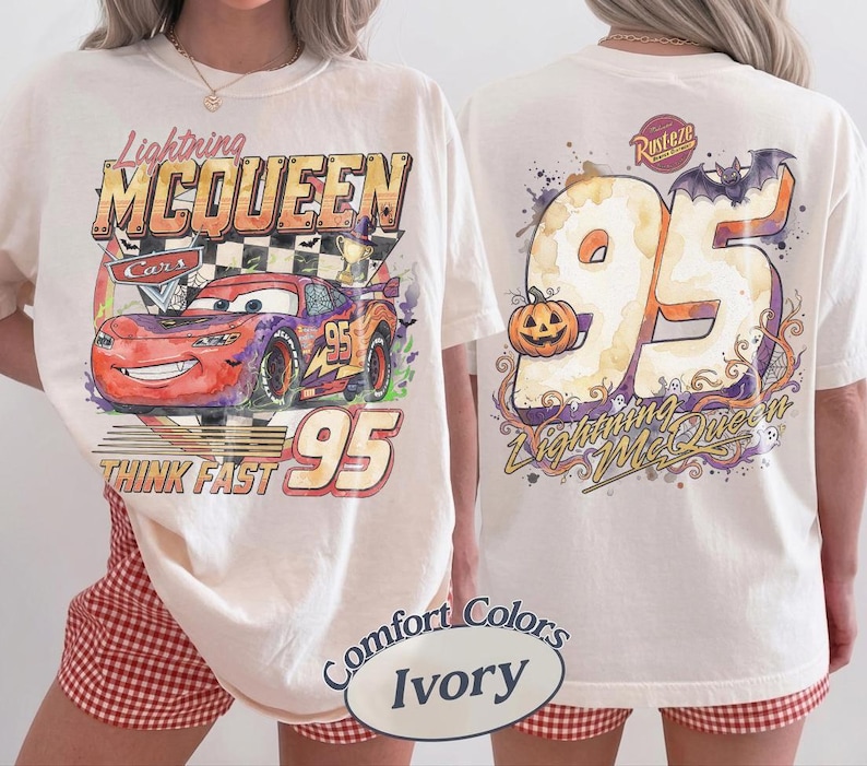 Retro Halloween Lightning McQueen Shirt, 2 Sided Checkered Disney Cars 95 Tee, Comfort Colors Think Fast Shirt, Vintage Disneyland Trip Tee image 1