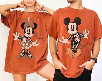 Skeleton Mickey and Minnie Disney Halloween Shirts, Matching Couples MNSSHP Tee, Comfort Colors Retro Spooky Season Fall Trip Outfit