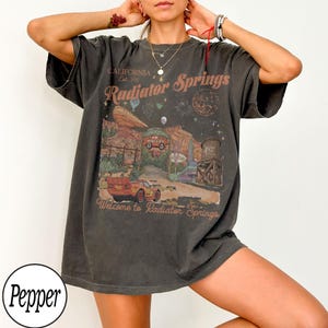 Pu&ograve; includere: T-shirt grigio scuro con una grafica di un paesaggio desertico e il testo "California Est. 2011 Radiator Springs" e "Welcome to Radiator Springs". Il design include un'auto dei cartoni animati e altri elementi.