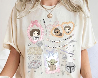 Coquette Star Wars Shirt, Princess Leia Han Solo Yoda Chewbacca Tee, Cute Pastel Star Wars Collage, May The Force Be With You, Disney Trip