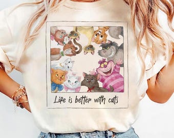 Watercolor Disney Cats T-shirt, Life is Better with Cats, The Aristocats Marie Lucifer Cheshire Cat Tee, Disney Family Trip shirts
