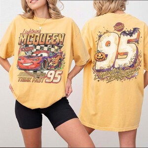 Retro Halloween Lightning McQueen Shirt, 2 Sided Checkered Disney Cars 95 Tee, Comfort Colors Think Fast Shirt, Vintage Disneyland Trip Tee image 4