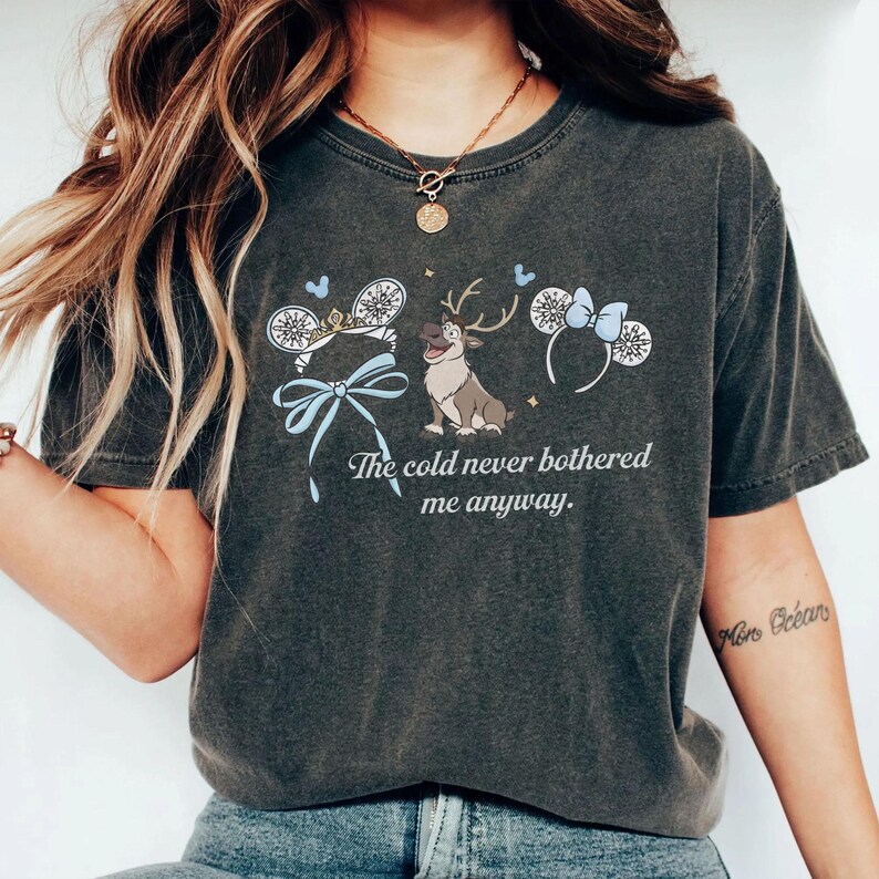 May include: Dark grey t-shirt with a graphic of reindeer and mouse ears with snowflakes and a blue bow. The text "The cold never bothered me anyway" is printed below the graphic. The shirt has a relaxed fit.