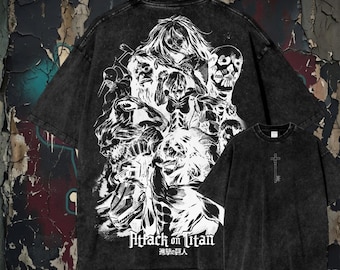 Attack on Titan Shirt, Nine Titans Vintage Tee, Anime Acid Wash 2 Sided T-Shirt, 90s Bootleg Manga Streetwear Heavyweight Gym Pump Cover