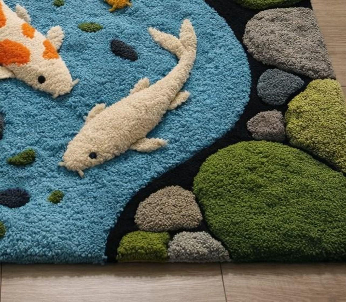 River Rug Custom Koi Fish River Rug | 3D Water Hand Tufted Wool Carpet | Handmade Soft ...