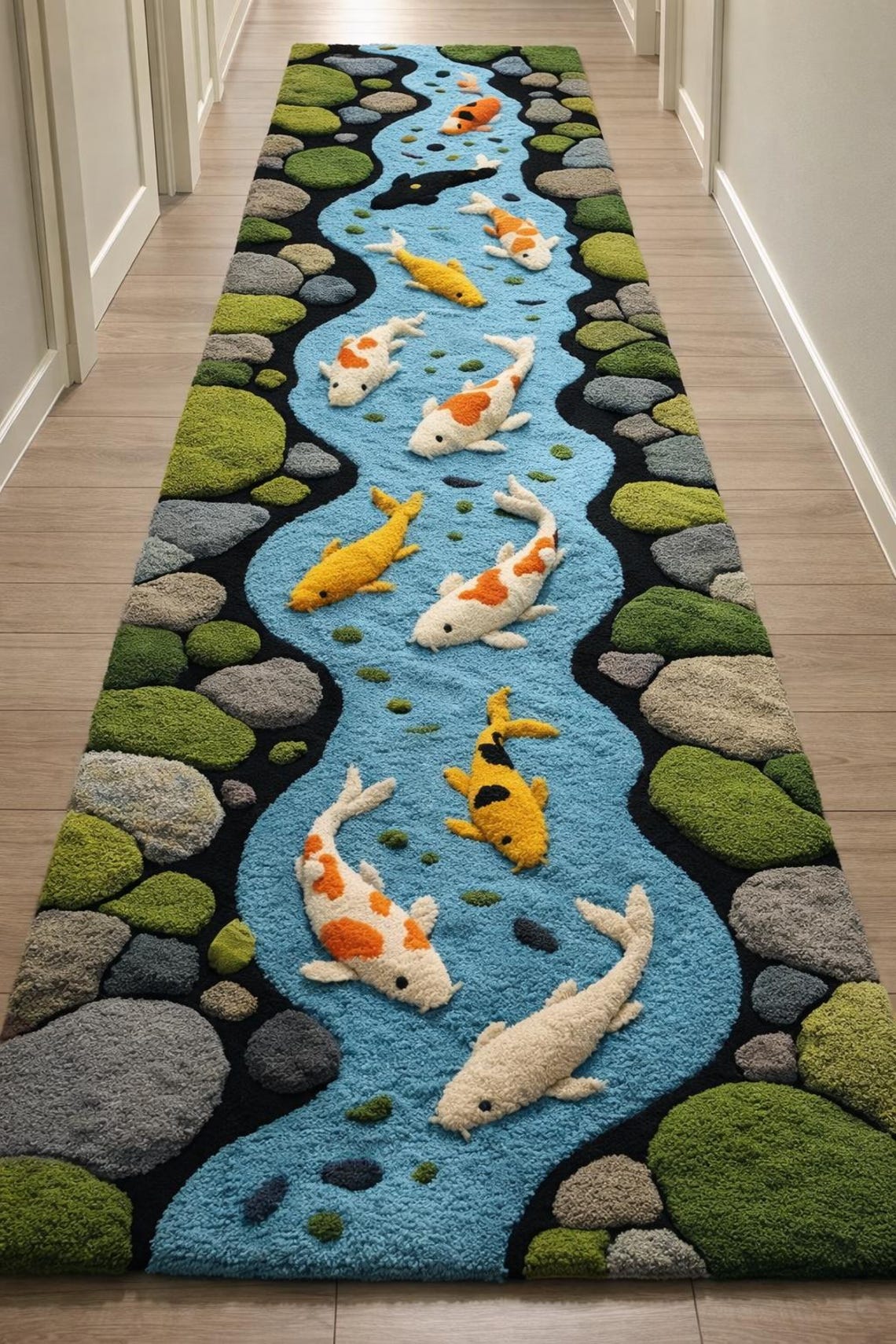 Fish Tuft Rug Koi Fish River Rug | 3D Water Hand Tufted Wool Carpet | Handmade Soft ...