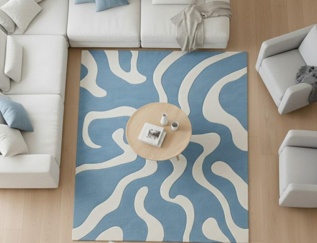 Modern Abstract Hand Tufted Wool Rug – Soft Wool Rug Blue & White ...