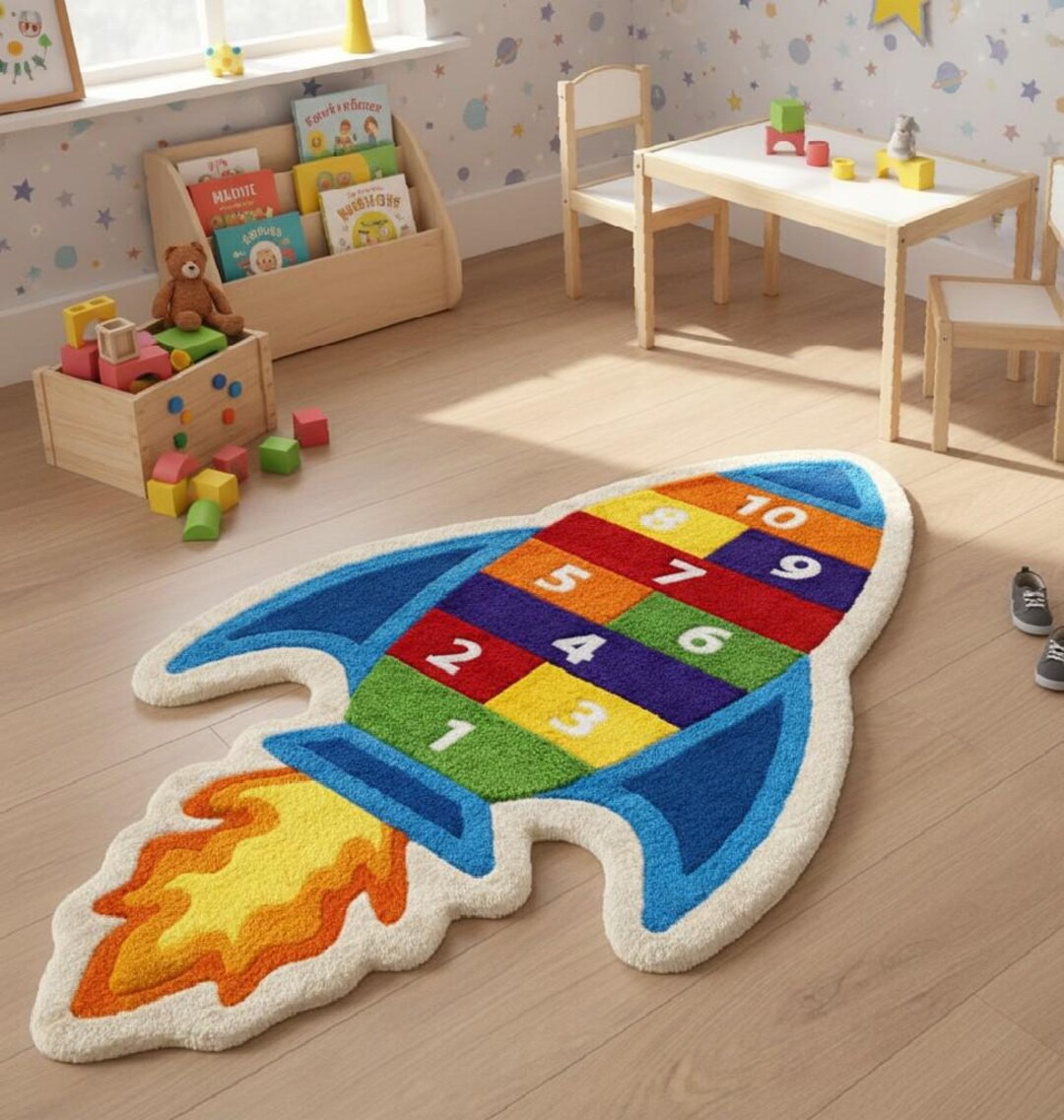 Handmade Rocket Shape Kids Rug – Colorful Number Learning Playroom ...