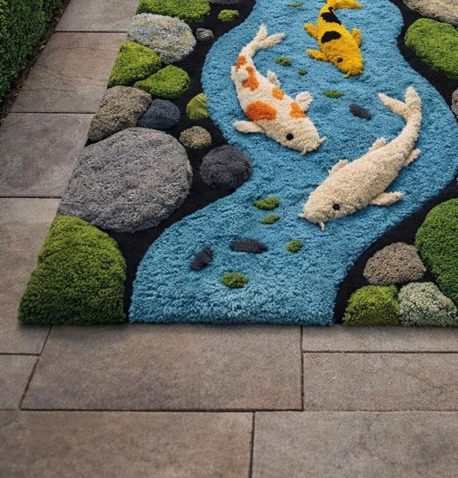 Koi Fish River Rug | 3D Water Hand Tufted Wool Carpet | Handmade Soft ...