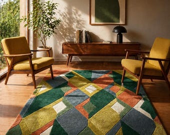 Hand Tufted Wool Rug, Geometric Green Mustard Terracotta Abstract Carpet, Modern Luxury Living Room Area Rug Home Decor Coustom size