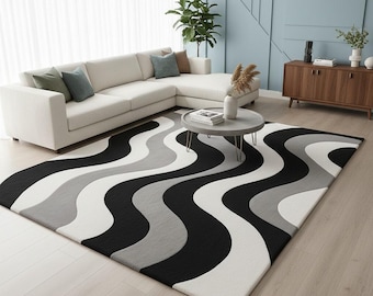 Alfombra de lana tejida a mano con diseño ondulado: Alfombra moderna para sala de estar en negro, gris y blanco.