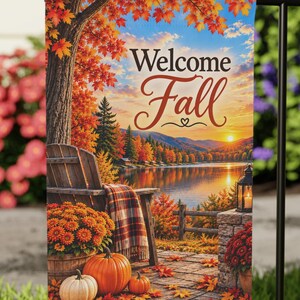 Welcome Fall Garden Flag, Autumn Lake House Decor, Rustic Mountain Cabin Porch Flag