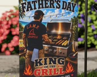 Fars dag trädgårdsflagga | Grillens kung BBQ-flagga | Pappapresent | Trädgårdsflagga för grillälskare | Utomhusdekor | Personliga stilalternativ