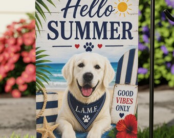 Hej sommar hundträdgårdsflagga | Tropisk strandverandadekor | Finns i flera raser | Sommarträdgårdsflagga | L.A.M.F. Livsstil