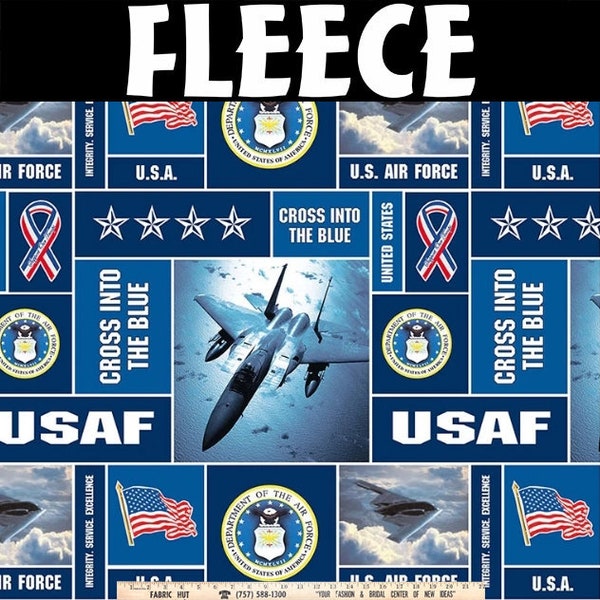 US Air Force Military American Flag Cross Into The Blue Jet Polyester Fleece Fabric by the Yard