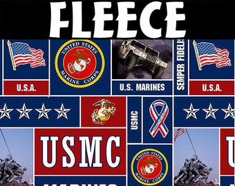 US Marines USMC Military American Flag Semper Fidelis Fi Humvee Polyester Fleece Fabric by the Yard