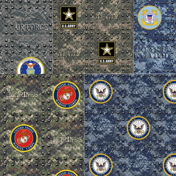 US Military Air Force, Army, Coast Guard, Marines and Navy Grated Pattern Cotton Fabric by the Yard