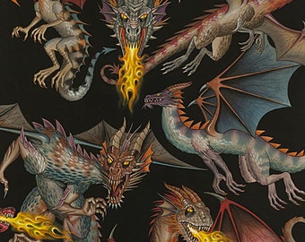 Alexander Henry Nicole's Prints Tale of the Dragon Black Cotton Fabric