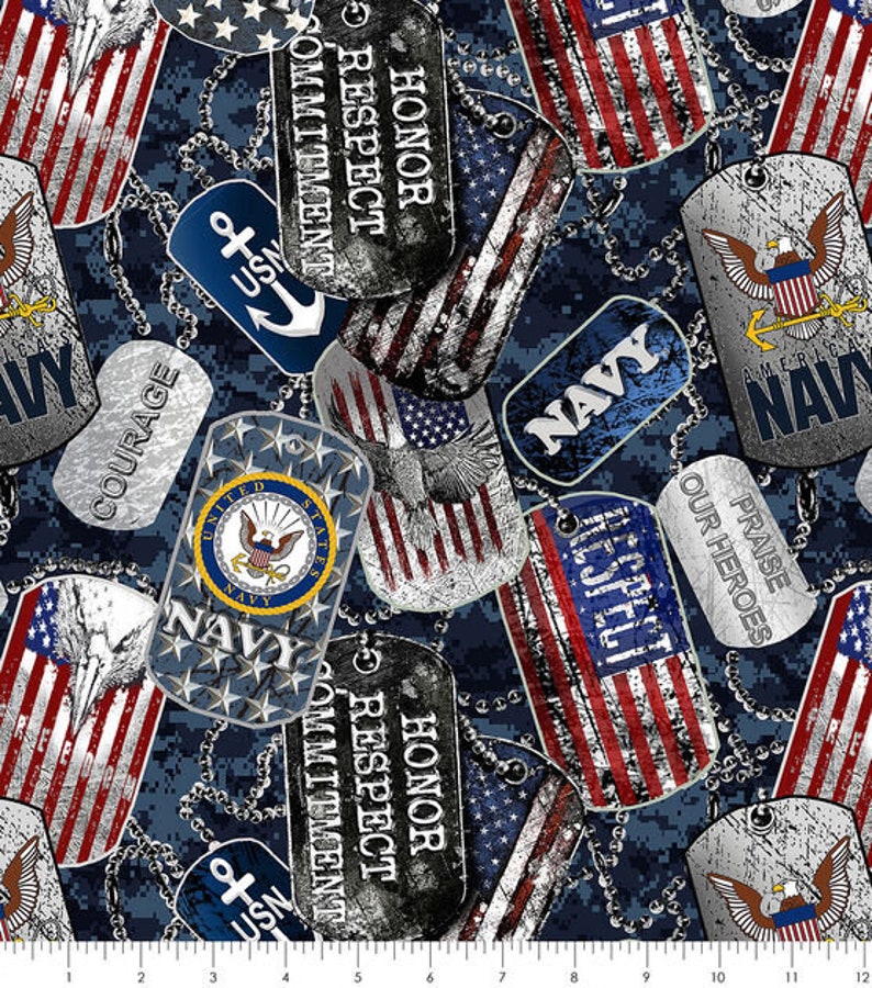 US Navy Military Dog Tags 100% Cotton Fabric by the Yard image 1