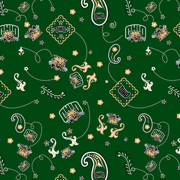 NCAA Ohio University Bandana Print OHIO-027 Cotton Fabric By The Yard