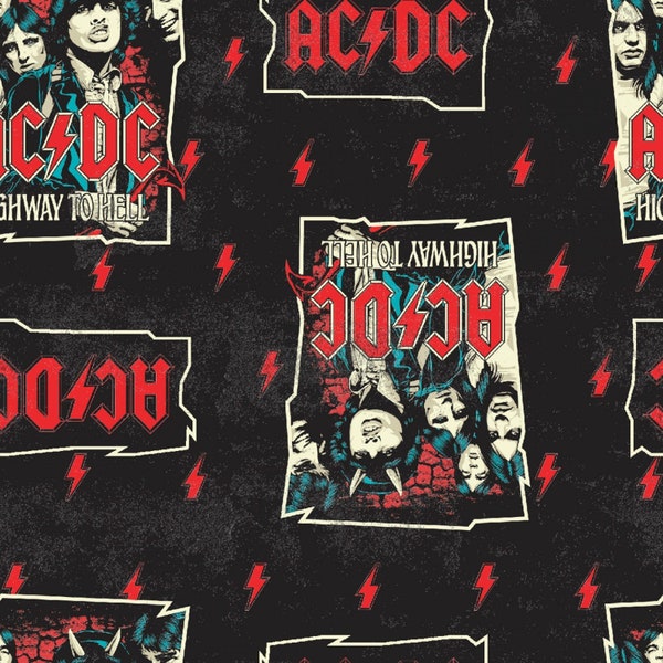 Springs Creative 1970's Rock Bands - AC/DC Roadway to Hell Schwarz Baumwollstoff Meterware