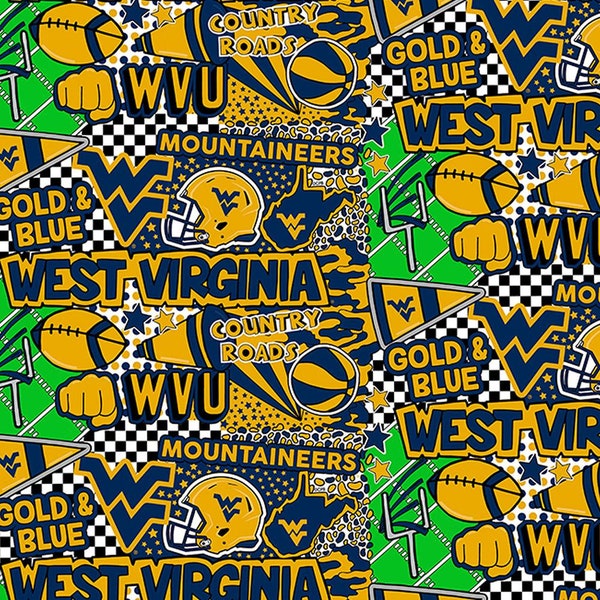 NCAA West Virginia University Mountaineers Pop Art Cotton Fabric by the Yard