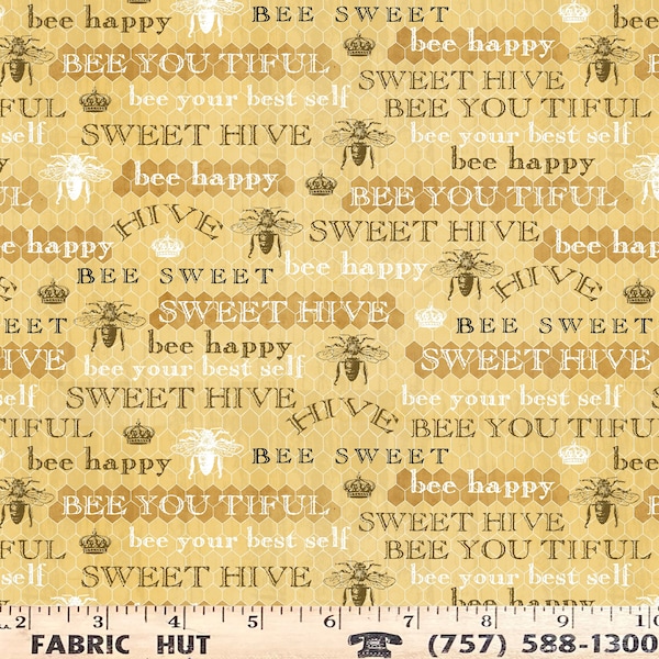Studio E Bee Sweet Words on Honeycomb Print Yellow Cotton Fabric by the Yard