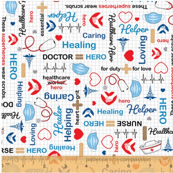 Windham Fabrcis Calling All Nurses Healthcare Heroes White Cotton Fabric by the Yard