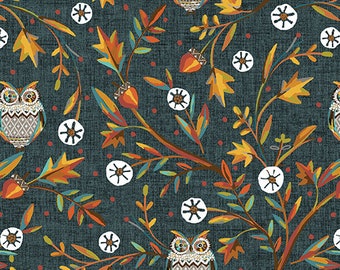 Benartex Studios Hello Fall - Woodland Vine Owls Teal Baumwolle Stoff Meterware