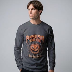 Unisex Heavy Metal Halloween Long Sleeve Tee Pumpkin Patch World Tour Graphic Distressed Vintage Style Rock Band Apparel Autumn Metalhead