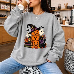 Witchy Pumpkin Halloween Shirt, Spooky Cat Ghost Tee, Book Lover Fall Graphic Tshirt