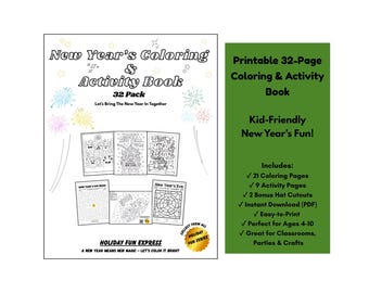 May include: A 32-page New Year's coloring and activity book. The cover features the text "New Year's Coloring & Activity Book" and "Let's Bring The New Year In Together". Includes coloring pages, activity pages, and hat cutouts.