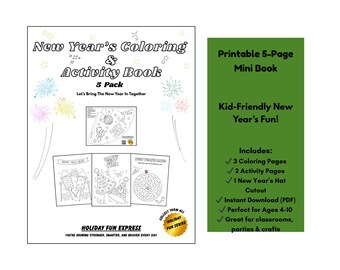 May include: A black and white New Year's Coloring & Activity Book, 5-pack, with the text "Let's Bring The New Year In Together." Includes coloring pages, activity pages, and a hat cutout. The green side panel says "Kid-Friendly New Year's Fun!"