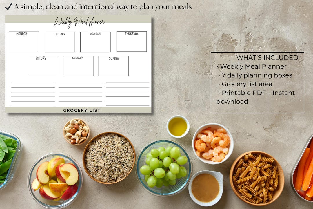 Weekly Meal Planner Printable | Minimalist Grocery List Template | 7 ...