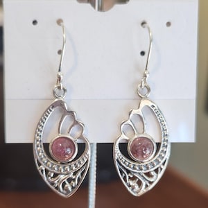 Sterling silver pink tourmaline cabochon dangle earrings