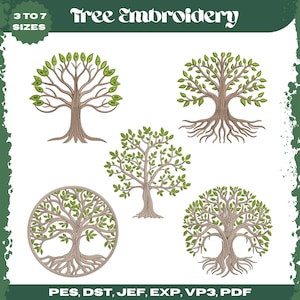 Può includere: Immagine con cinque disegni di ricamo di alberi. Gli alberi hanno tronchi e rami marroni con foglie verdi. I disegni variano, tra cui una cornice circolare e diverse strutture di radici. Il testo "Tree Embroidery" è in alto.