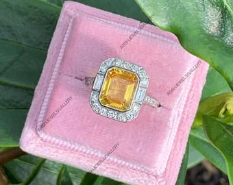 Vintage Yellow Sapphire Ring Halo Yellow Sapphire Ring 925 Sterling Silver Yellow Sapphire Ring ring for engagement wedding and gift