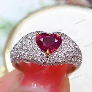 Anillo de rubí con corte en forma de corazón de diseño real muy lujoso, diseño vintage y único, anillo de rubí de plata de ley 925, anillo para tu reina, anillo para ella.