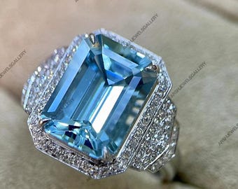 Anel de água-marinha deslumbrante, com design vintage e exclusivo. Anel de prata de lei 925 com água-marinha, presente de noivado perfeito para ela.